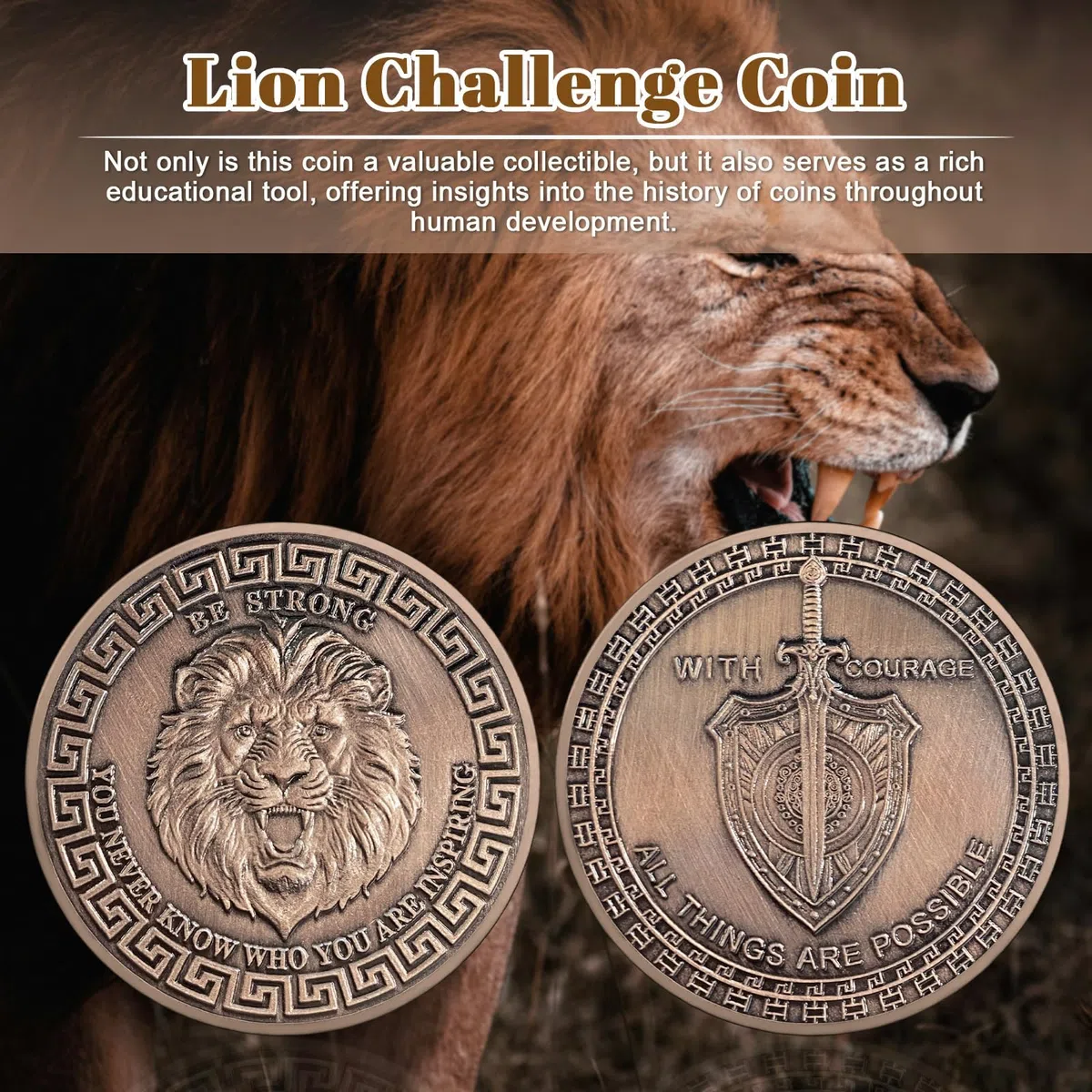 AtSKnSK Motivierende Münze Ermutigung Münze Löwe des Mutes christliche Challenge Coin Viel Glück Gedenkgeschenke für Damen und Männer Incentive Auszeichnungen