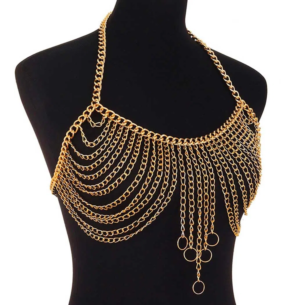 Sexy Körperkette BH Gold Quaste Brustketten Körperzubehör Rave Kette Strand Bikini Körperkette Schmuck für Frauen und Mädchen