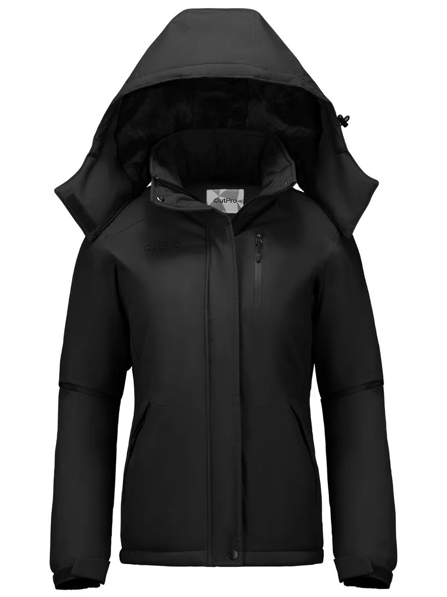 OutPro Winterjacke Damen Wasserdicht Skijacke Snowboardjacke Hooded Warm Dickes Gänsedaunenfutter Doppelte Seitentaschen Wanderjacke mit Reißverschluss für Outdoor-Aktivitäten