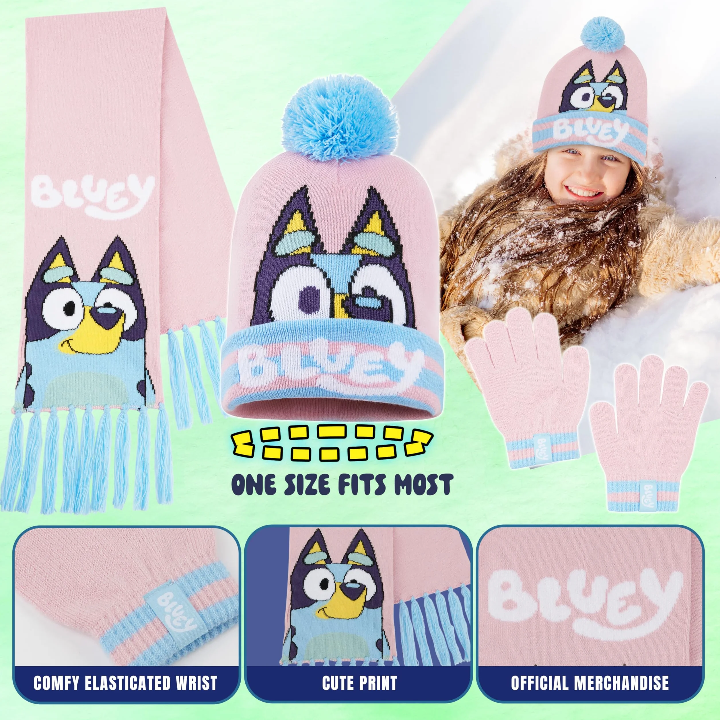 Bluey Mädchen Winter Accessoires Set, Mütze, Schal & Handschuhe oder Beanie & Handschuhe - Geschenke für Kinder