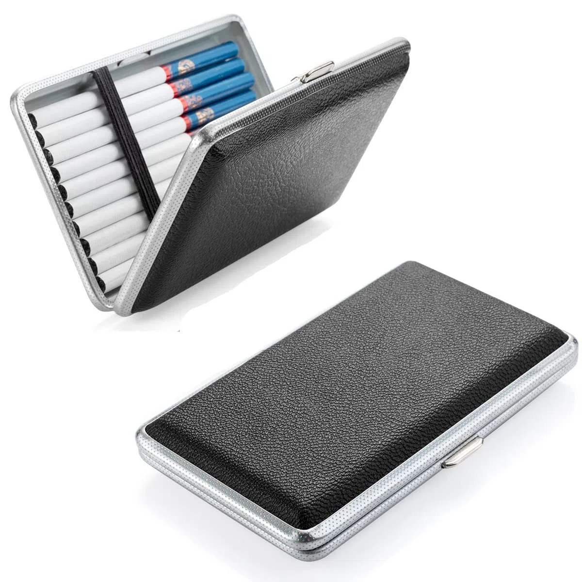 2 X Damen Zigarettenetui leder/Metall Schwarz Zigarettenschachtel Zigarettenetui für 20 slim Zigaretten oder 14 normal Zigaretten Zigarettenbox ciagrettecase Zigarettencase für Frau