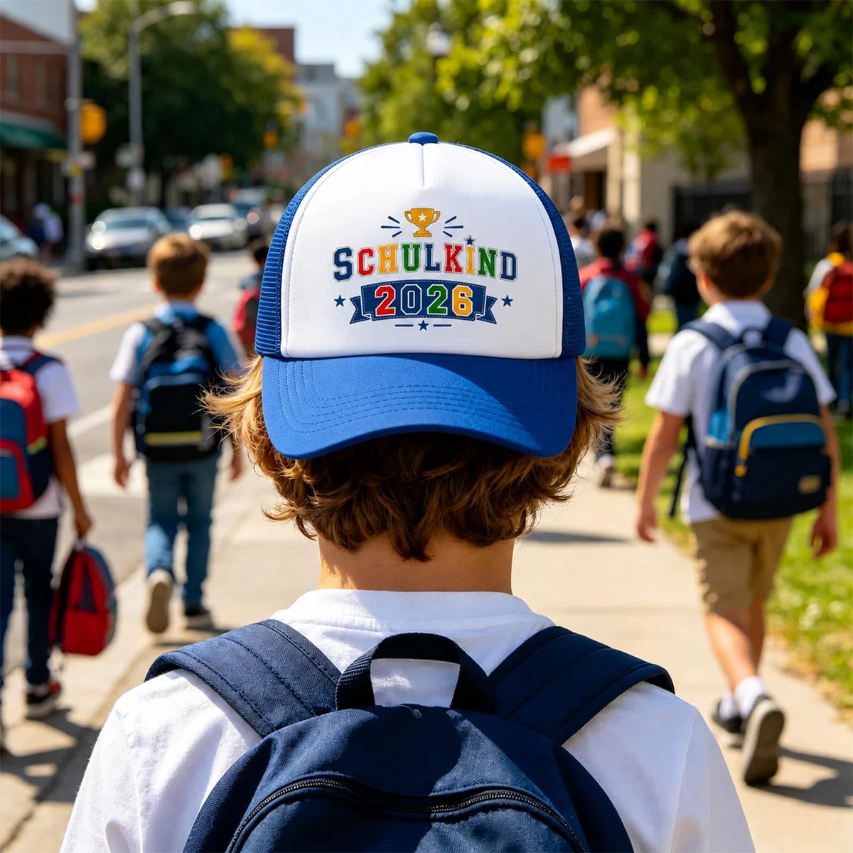AHEJIOO Einschulung Geschenk – Baseballcap mit Pokal-Motiv – Schulkind 2026 Junge Schultüte füllung, Ideales Schulkind Einschulung Junge Outfit Accessoire, Blau-Weiße Mütze für den Ersten Schultag