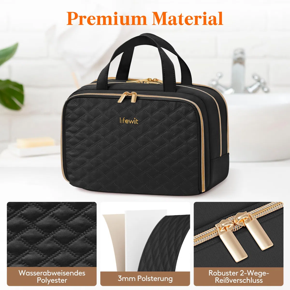 Lifewit Reise Kulturtasche Damen, 10L Groß Wasserabweisende Kulturbeutel mit Nassfach, Tragbare Schminktasche Waschtasche Organizer für Make up, Zubehör, Shampoo, Oilettenartikel, Alltag, Schwarz