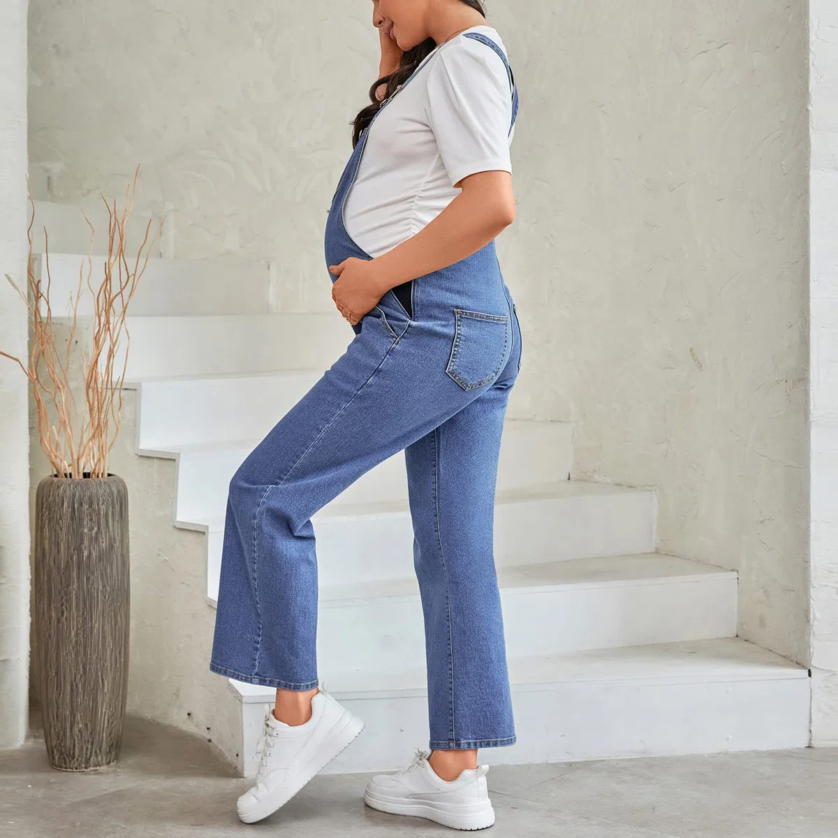 Umstands-Overall, Lätzchen, gerades Bein, knöchellang, Umstands-Denim-Overall für Schwangere
