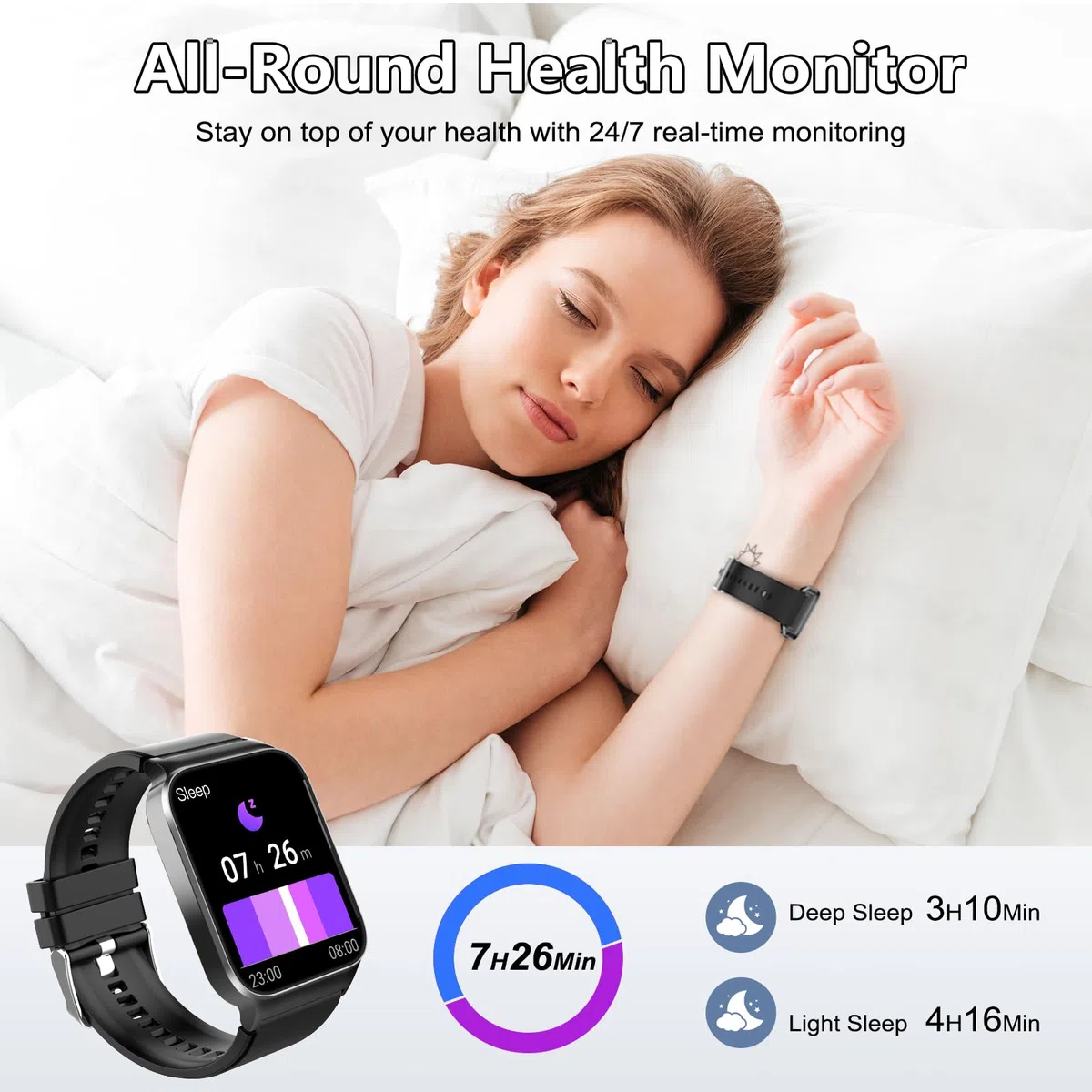 Smartwatch Herren Damen, 1,85" HD Touchscreen Smart Watch mit Telefonfunktion, 100+ Sportmodi Sportuhr mit Schrittzähler/Herzfrequenzmonitor/Schlafmonitor, IP68 Wasserdicht Fitnessuhr, Tiefschwarz