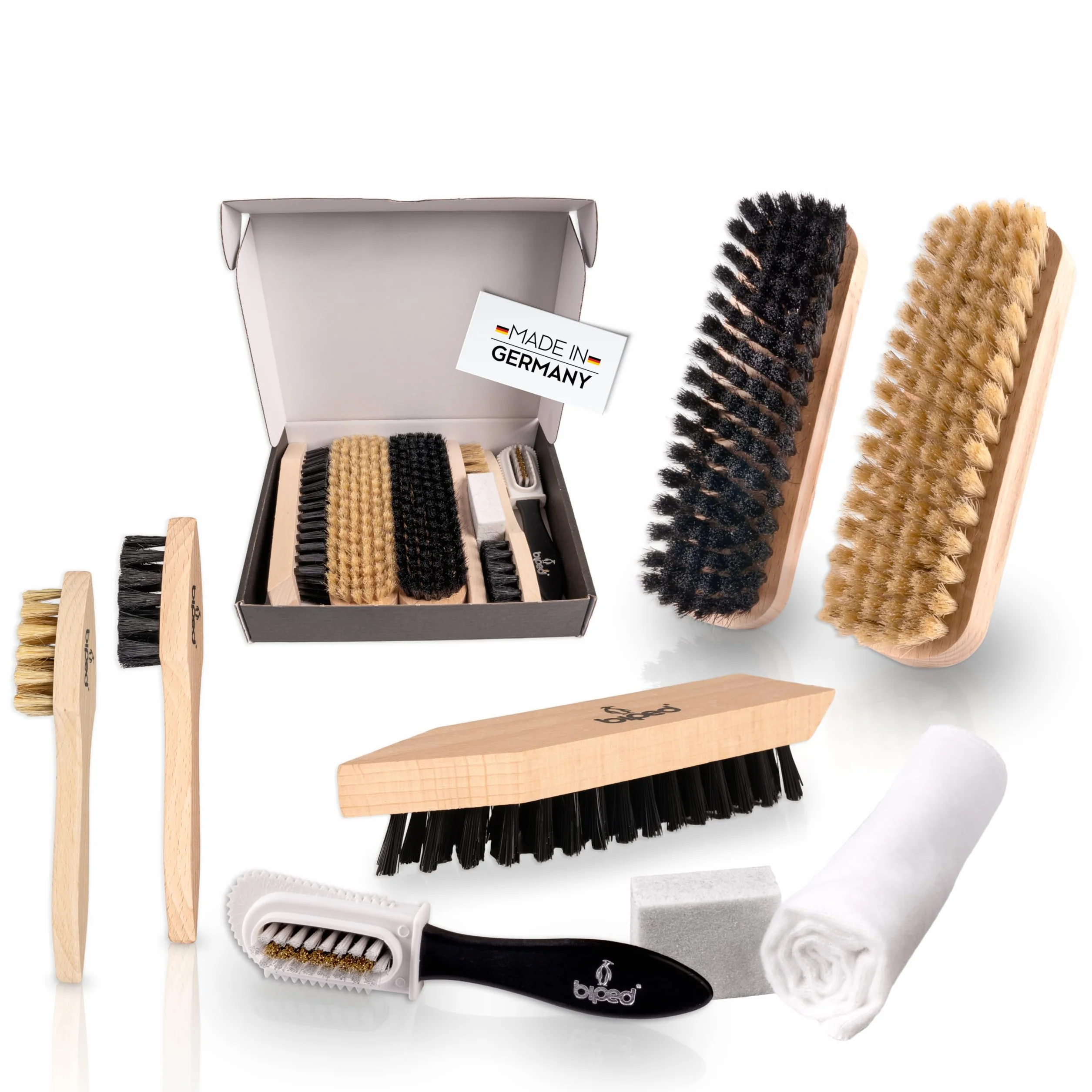 biped Schuhputzset 8-teilig - Schuhpflege für Glattleder und Wildleder - Schuhbürsten mit Natur Borsten - Made in Germany z2463