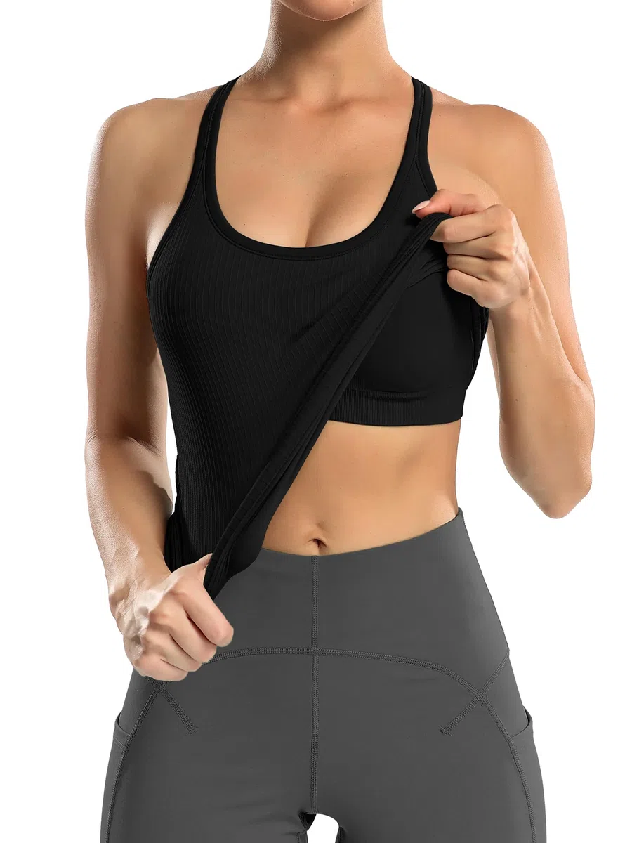 Charmo Tank Top Damen Sommer Top mit integriertem BH Eng Sporttop Racerback Sportshirt mit Rundhalsausschnitt