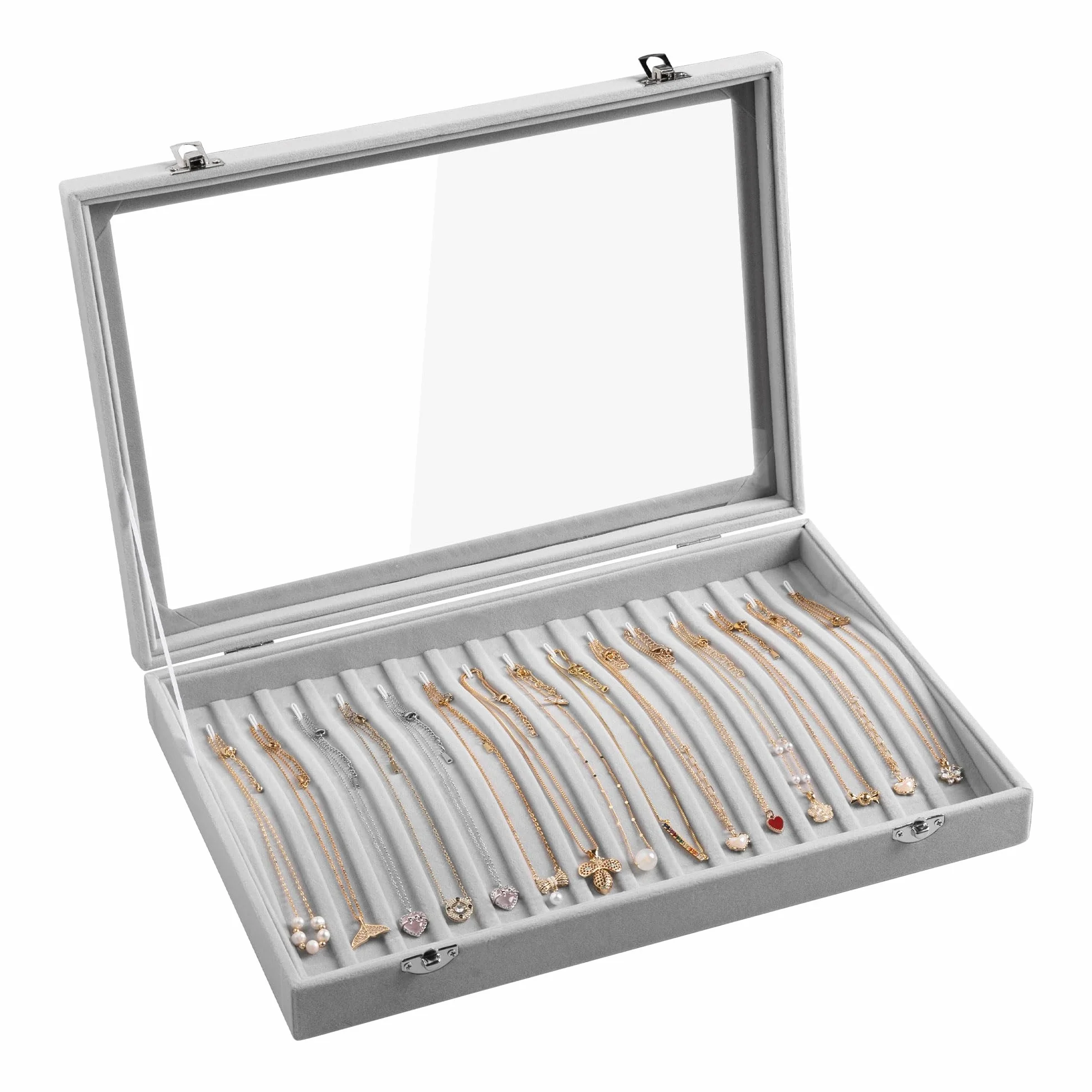 Frebeauty 15 Haken Halskette Tablett Samt Hals Organizer mit klarem Deckel abschließbare Halter Box Schmuck Organizer für Anhänger Ketten Jeweley Tablett für Frauen Mädch（Grau