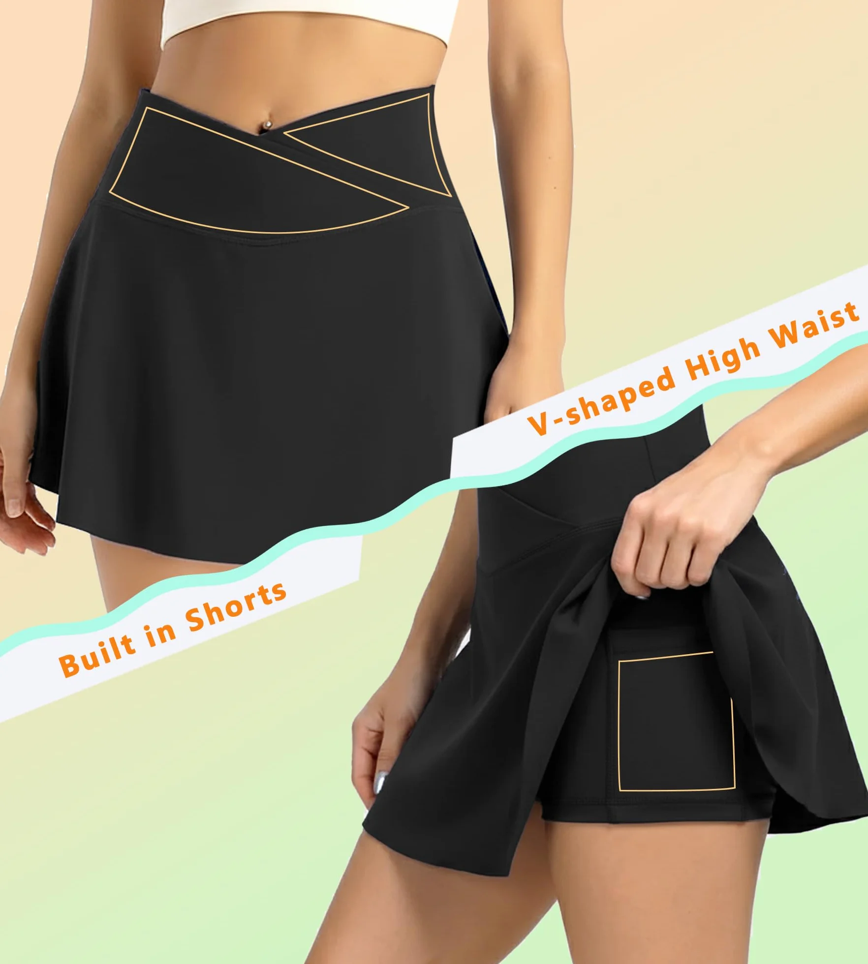Tennisrock Damen Crossover Rock mit Hose Sportrock Sommer Plissiert Golfrock Hosenrock mit Taschen Tennis Rock Skort Faltenrock Minirock Skirt für Laufen Fitness Workout Radfahren Wandern