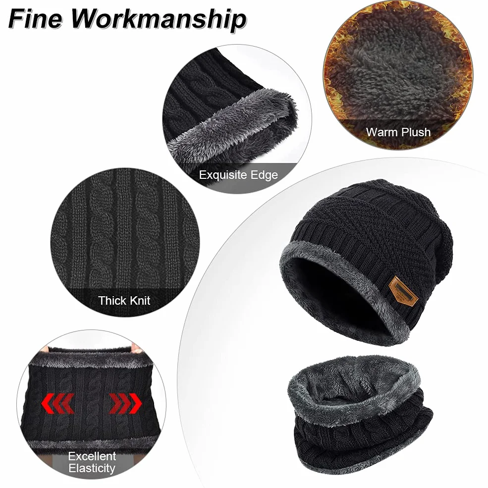 Wintermütze Schal Touchscreen Handschuhe Set - Unisex Beanie Strickmütze Winterschal Thermo Handschuhe | Fleecefutter Warme Knit Hut Loop Schal Rutschfeste Handschuhe | für Herre Ski 3-in-1 Winter-Set