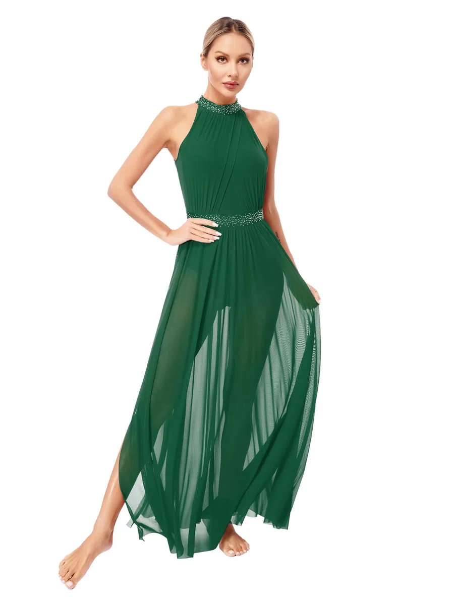 Lyrisches Tanzkleid Damen Glitzer Lyrischen Tanzkleid Ärmellose Ballettkleid Lang Geschlitztes Tankleidung Cha Cha Rumba Samba Tanzkostüm