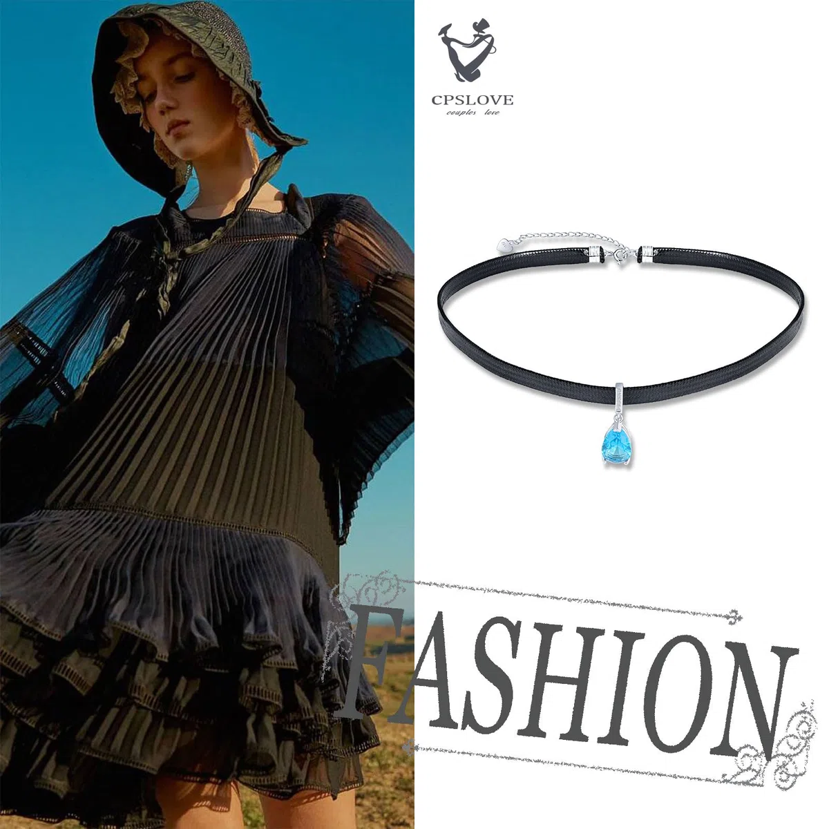 Fashion Damen Halsreife Halskette 925 Silber Ketten mit Blauer Teardrop Zirkonia Anhänger für Mädchen Elegante Choker Ketten mit Schwarze Lederkordelkette