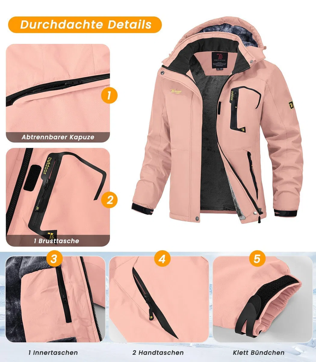 Rdruko Skijacke Damen Warme Winterjacke Gefüttert Verdickt Softshelljacke Wasserdicht Snowboardjacke Atmungsaktiv mit Abtrennbarer Kapuze