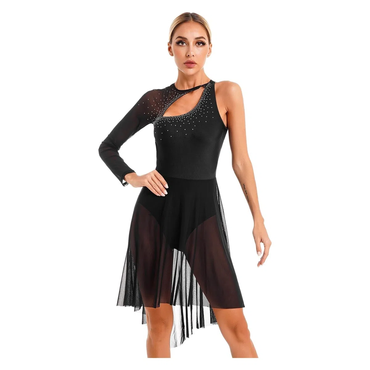 Eiskunstlaufkleid Damen Langarm Lyrisches Tanzkleid Bühnentanzbekleidung Transparentes Netz Gymnastikanzug Eislaufkostüm FüR MäDchen Und Damen