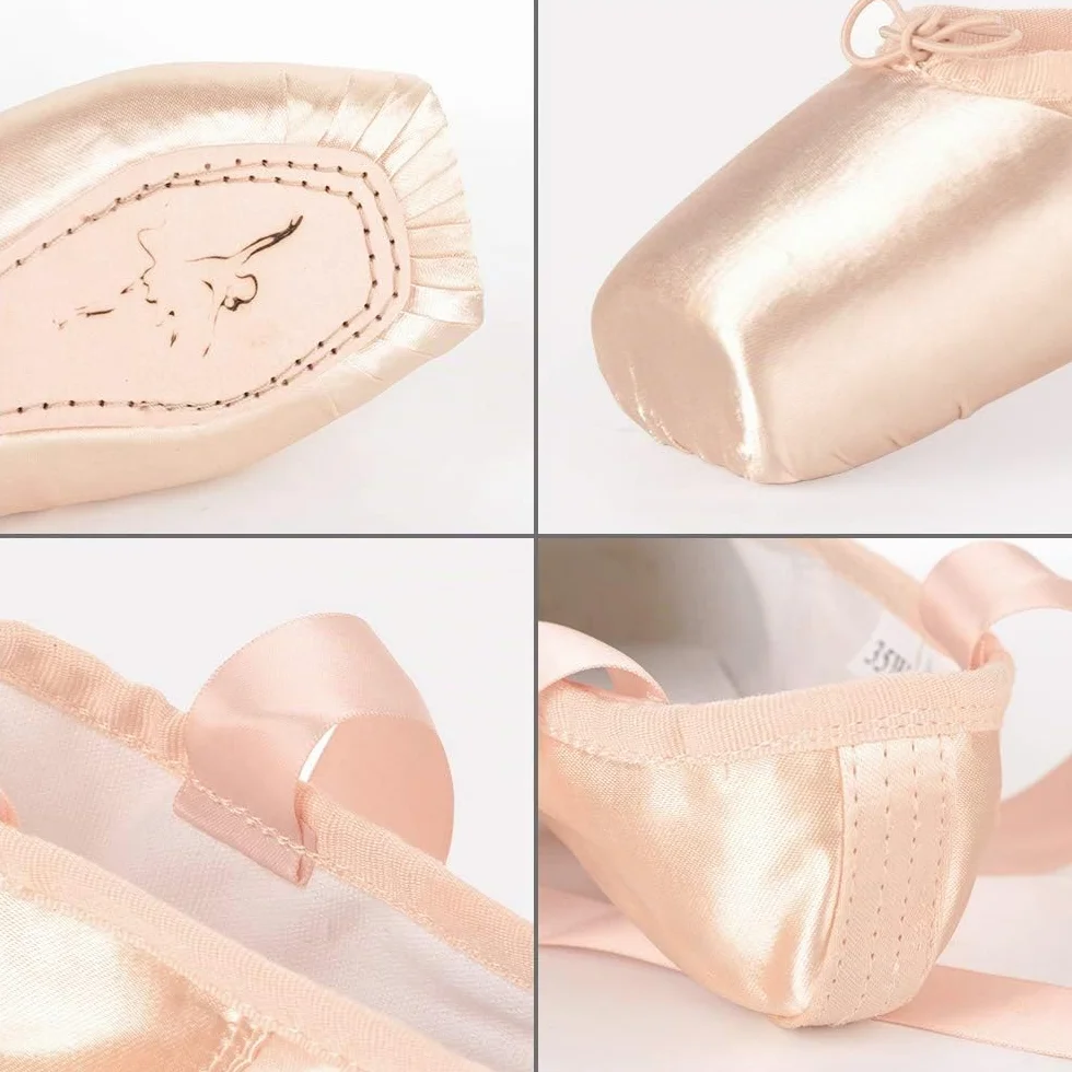 Soudittur Ballett Spitzenschuhe Satin Professionelle Tanzschuhe Rosa Ballerinas mit Aufgenähten Bändern und Spitzenschoner für Damen Mädchen (Bitte wählen Sie eine Nummer größer)