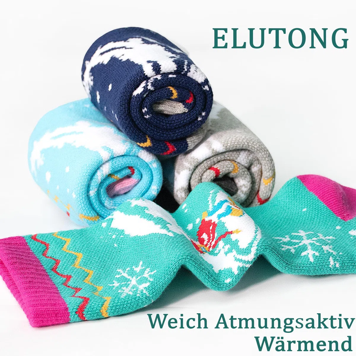 ELUTONG Kinder Skisocken, 2 Paare Jungen und Mädchen Warme Skisocken mit Sonnenaufgangs und Schneemannmotiven für Kinder 3-5 Jahre (Himmelblau)