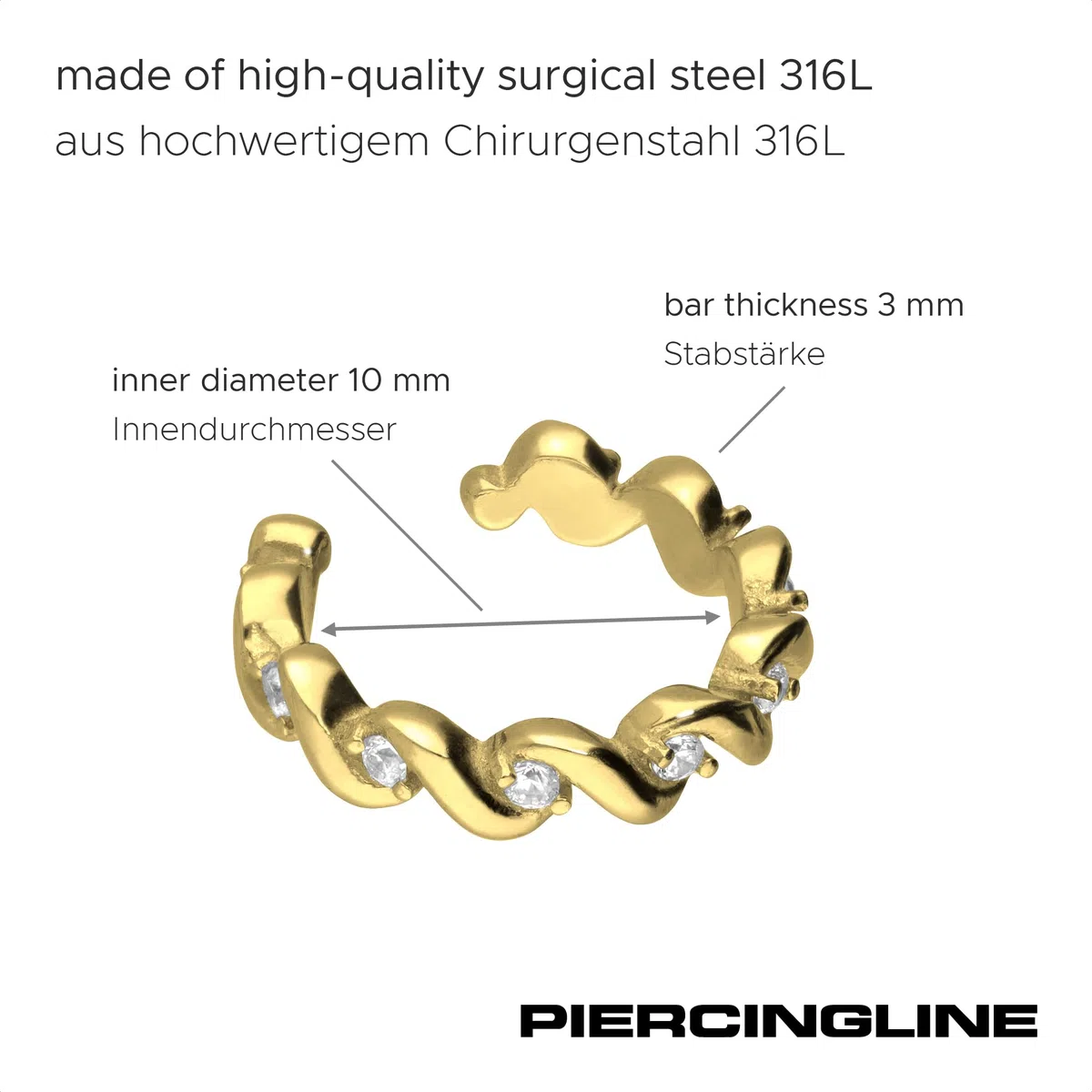 PIERCINGLINE Chirurgenstahl Fake Ohrring Ohrklemme Ear Cuff GEFLOCHTEN + EINGEFASSTE KRISTALLE 4 stylischen Farben