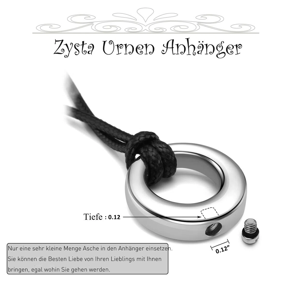 Zysta Edelstahl Asche Schmuck Memorial Urnen Anhänger Kette Kreis der Ewigkeit des Lebens Rund Ringe Pendant mit Gravur + Trichter-füllen-Kit + Mini Schraubendreher