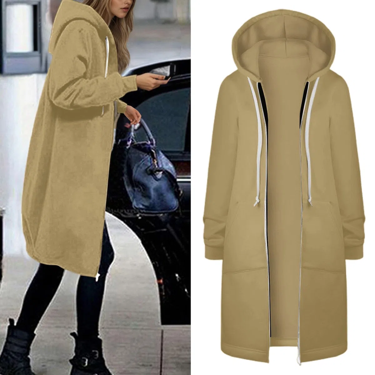 Damen Lange Kapuzenpullover mit Reißverschluss Hoodie Jacke Langarm Pulli Sweatjacke Sweatshirts Streetwear Strickjacke Taschen Kapuzenjacke Lang Kapuze Mantel