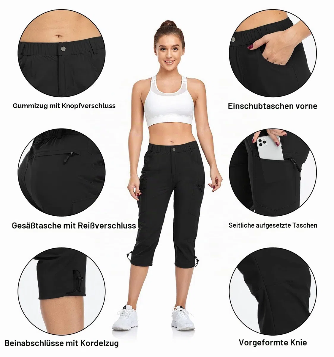 GymBrave Wanderhose Damen 3/4 Trekkinghose Stretch Leiche schnell trocknend Cargo Caprihose Sommer Outdoor UPF 50 mit Reißverschlusstaschen