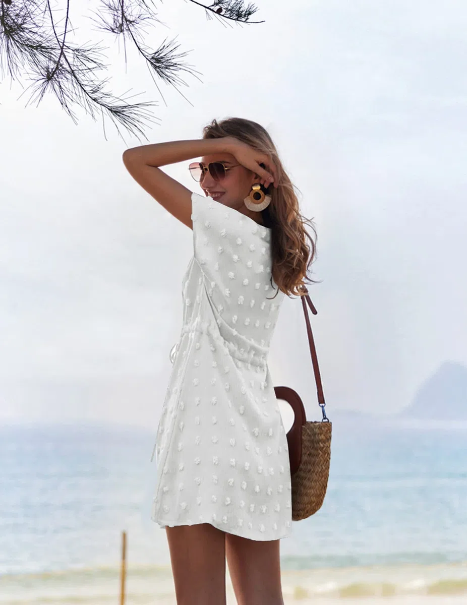 Ekouaer Damen Strandkleid Kurz Strandtunika Sommer Bikini Cover Up Kurzarm V-Ausschnitt Strandponcho S-XXL
