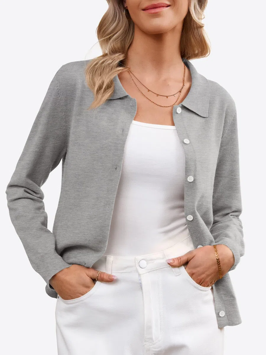 Cicy Bell Strickjacke Damen Kurz Leichte Langarm Cardigan Dünne Elegant Rundhals Tops Casual Basic Strickweste Knopfleiste Pullover