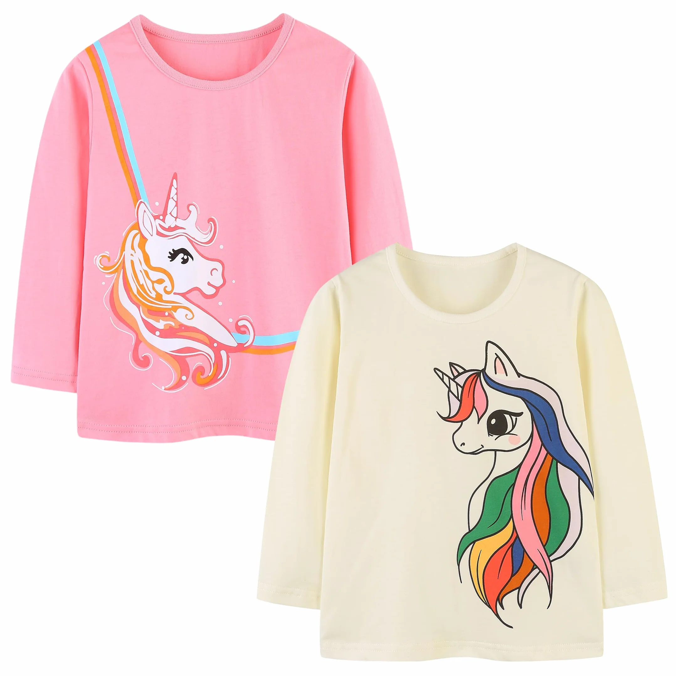 Langarmshirt Mädchen Baumwolle Longsleeve Kinder Mädchen Einhorn Häschen Rundhals Langarm Tops 2er Pack für Kinder 3-8 Jahre Größe 98 104 110 116 122 128