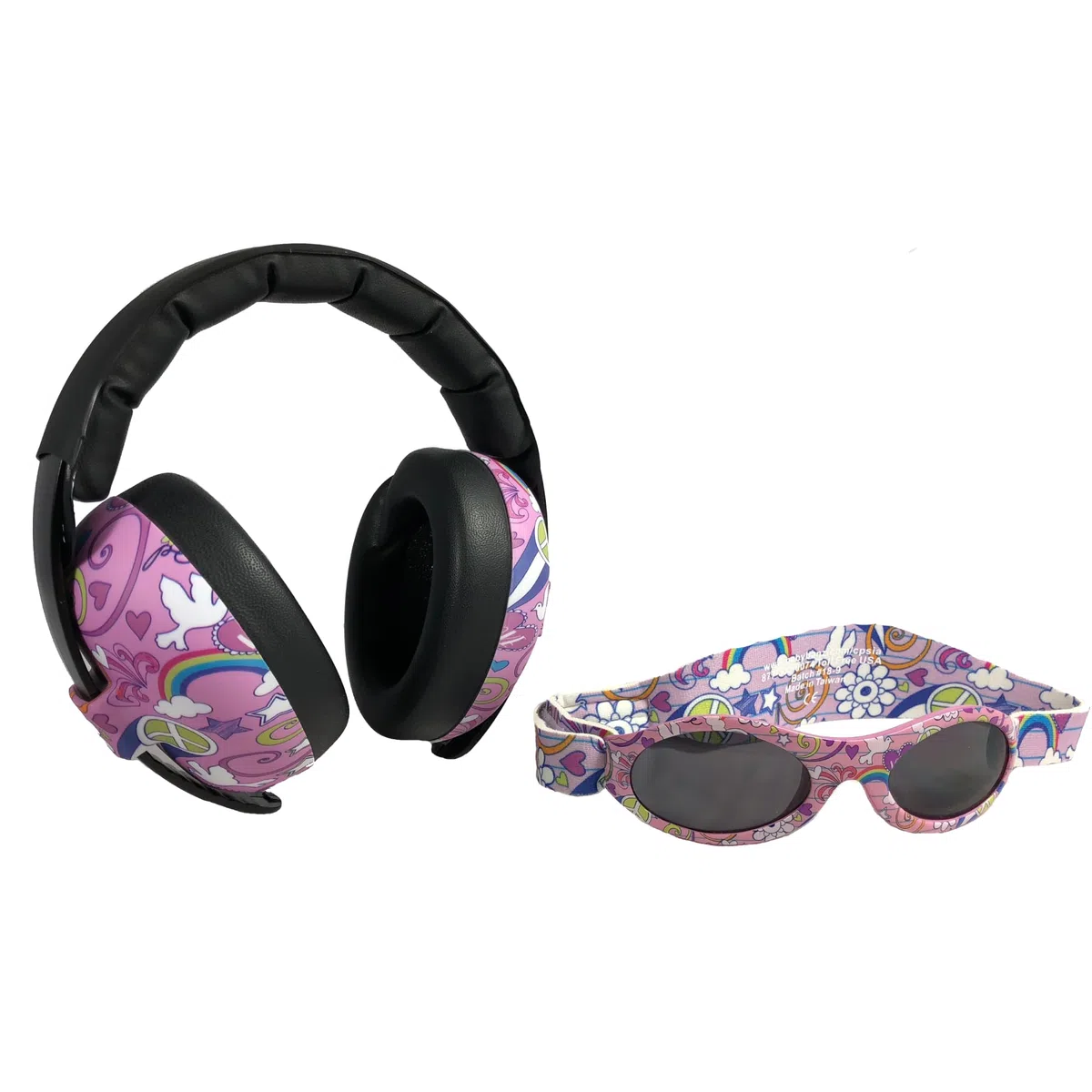 BANZ Ohrenschützer mit Gehörschutz und Sonnenbrille für Babys und Kleinkinder (Kombipaket) rosa-Gekritzel