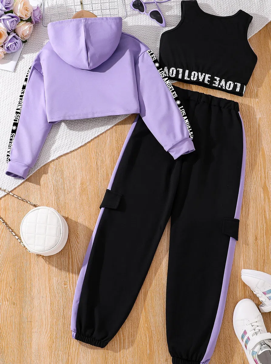 Hilinker 3-teiliges Outfit für Mädchen mit Kapuze, bauchfreies Tanktop und Sweatpants