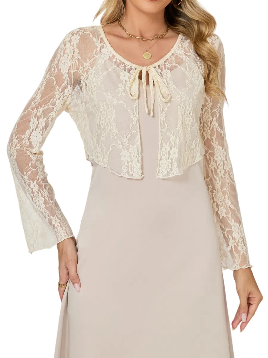 Damen Bolerojacke Elegnat Festlich Spitzen Bolero mit Bindeband Langarm V Ausschnitt Cardigan Jäckchen über Kleid