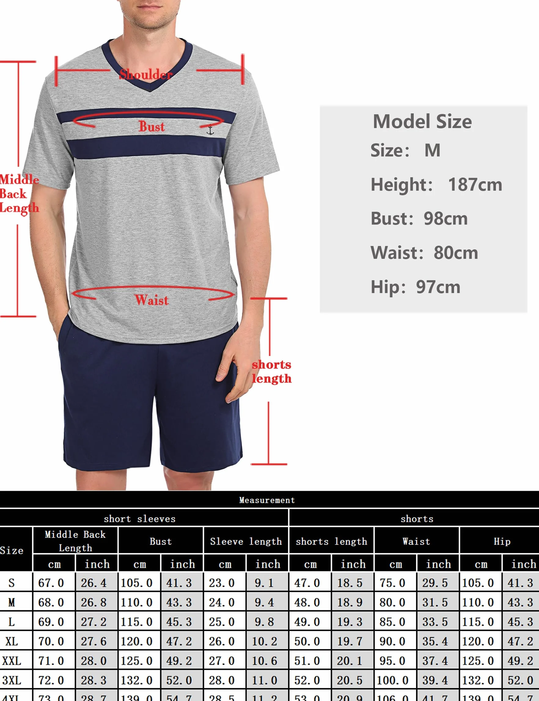 Nieery Schlafanzug Herren kurz Baumwolle Sommer Pyjama Set Kurzarm V-Ausschnitt T-Shirt und Shorty Schlafanzughose