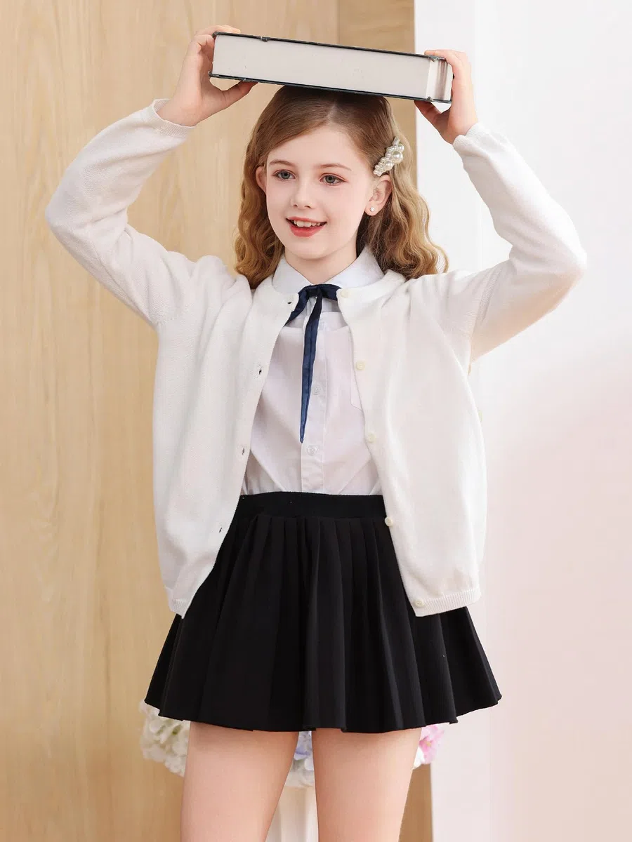 Soudittur Strickjacke Mädchen Basic Kinder Cardigan Lange Ärmel Baumwollstrickpullover Schuluniform mit Knöpfen 110-160