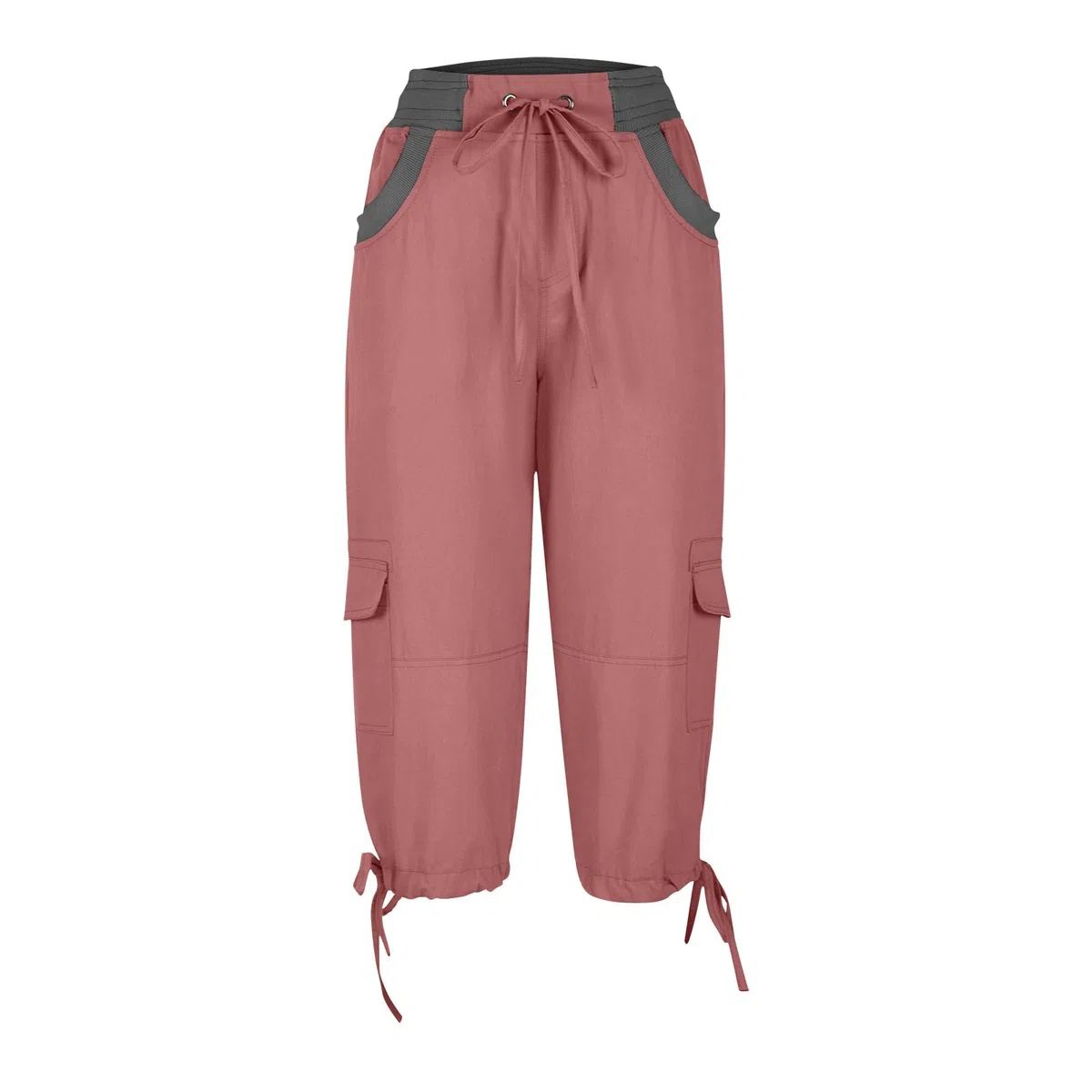Capri Cargohose für Damen Elastische Cargo Shorts mit Hoher Taille, Kordelzug und Taschen Weites Bein Cabrio 3/4 Länge Freizeithose
