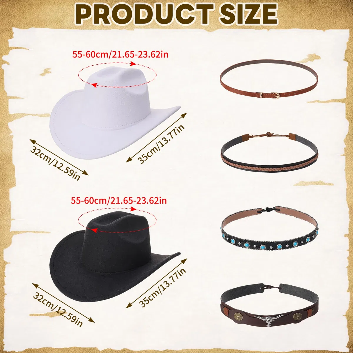 2 Stück Cowboyhut Damen Herren Westernhut mit 4 Stück Lederhutband,Fedora Hut Breiter Krempe Cowboyhüte Stilvoll,Schwarz und Weiß