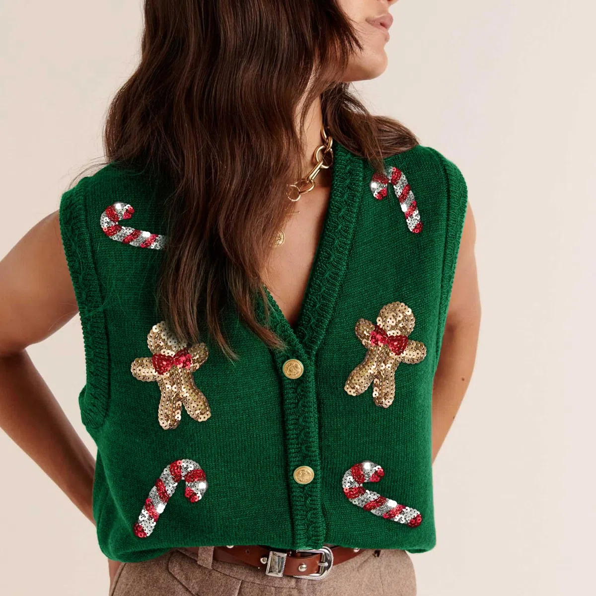 Damen-Weihnachtsweste, hässlicher Weihnachtspullover, Weste, Stickerei, Weihnachtsmann-Druck, ärmellos, Strickjacke, V-Ausschnitt, Weste, Weste, Weste, Weste, Weste, Weste