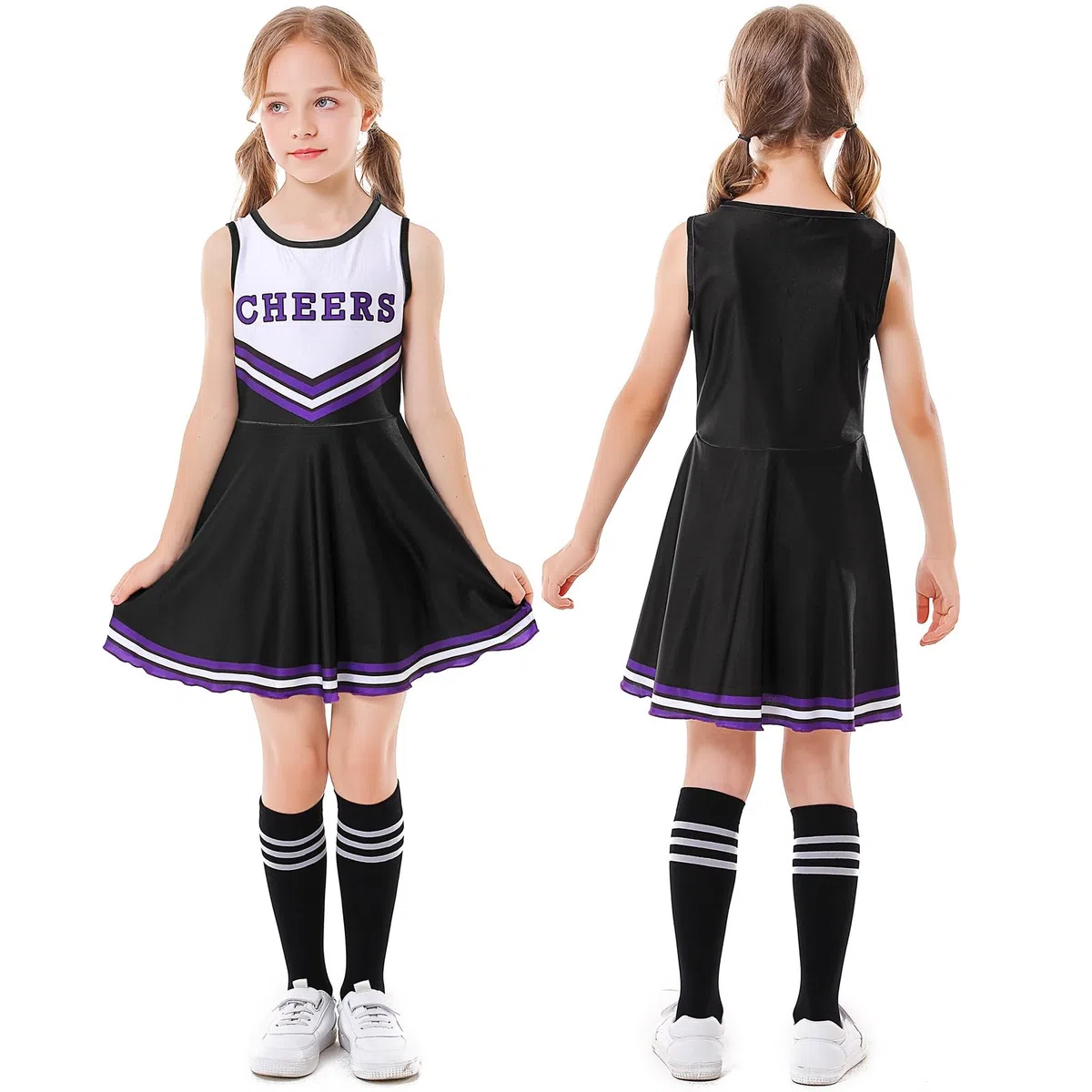 Kinder Mädchen Halloween Cheerleader Kleid Cheerleading Outfit Cheer Uniform Kleidung Sets + Pom Poms + Tube Socken 3-12Y