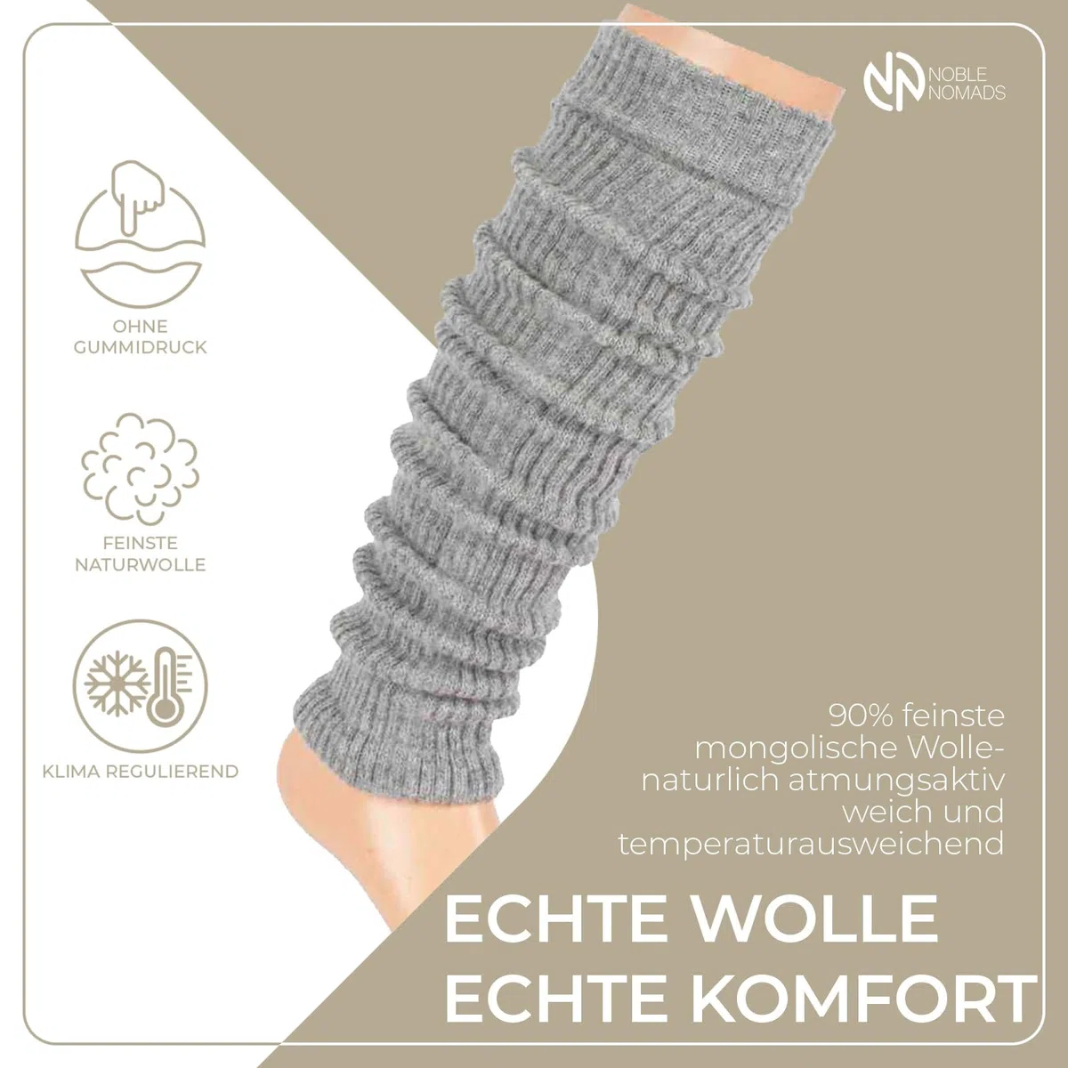 Beinstulpen Damen aus 90% Wolle, lange warme Beinwärmer aus mongolischer Schurwolle, atmungsaktiv, weich & elastisch, Winter Wadenwärmer für Yoga, Wandern, Ski, Grau