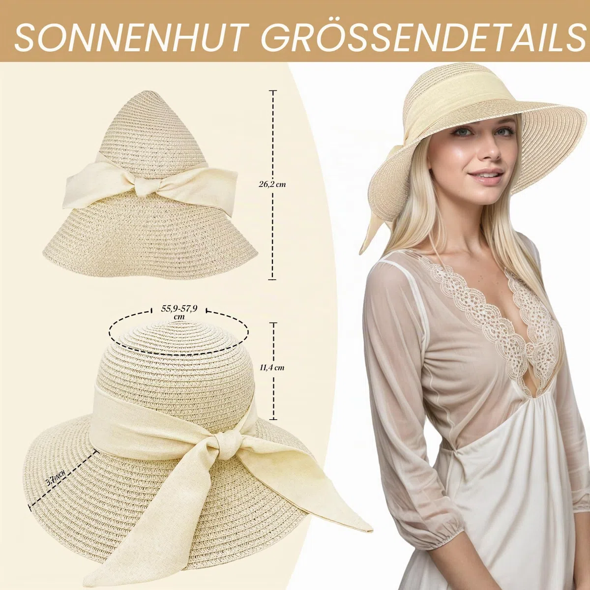Strand Sonnenhut Damen, Strohhut Sommer Faltbar mit Breite Krempe, Bowknot Strohhüte Sommerhut Leicht für Strand Urlaub Reise