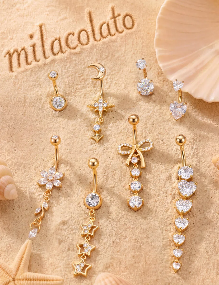 Milacolato 8er Set Bauchnabelpiercing Gold&Silber, 3 Kurze Stäbe Bauchnabelpiercing 10mm, 5 Hängende Bauchnabelpiercings Chirurgenstahl Hypoallergen Herz Schmetterling Blume Bauchpiercing für Damen
