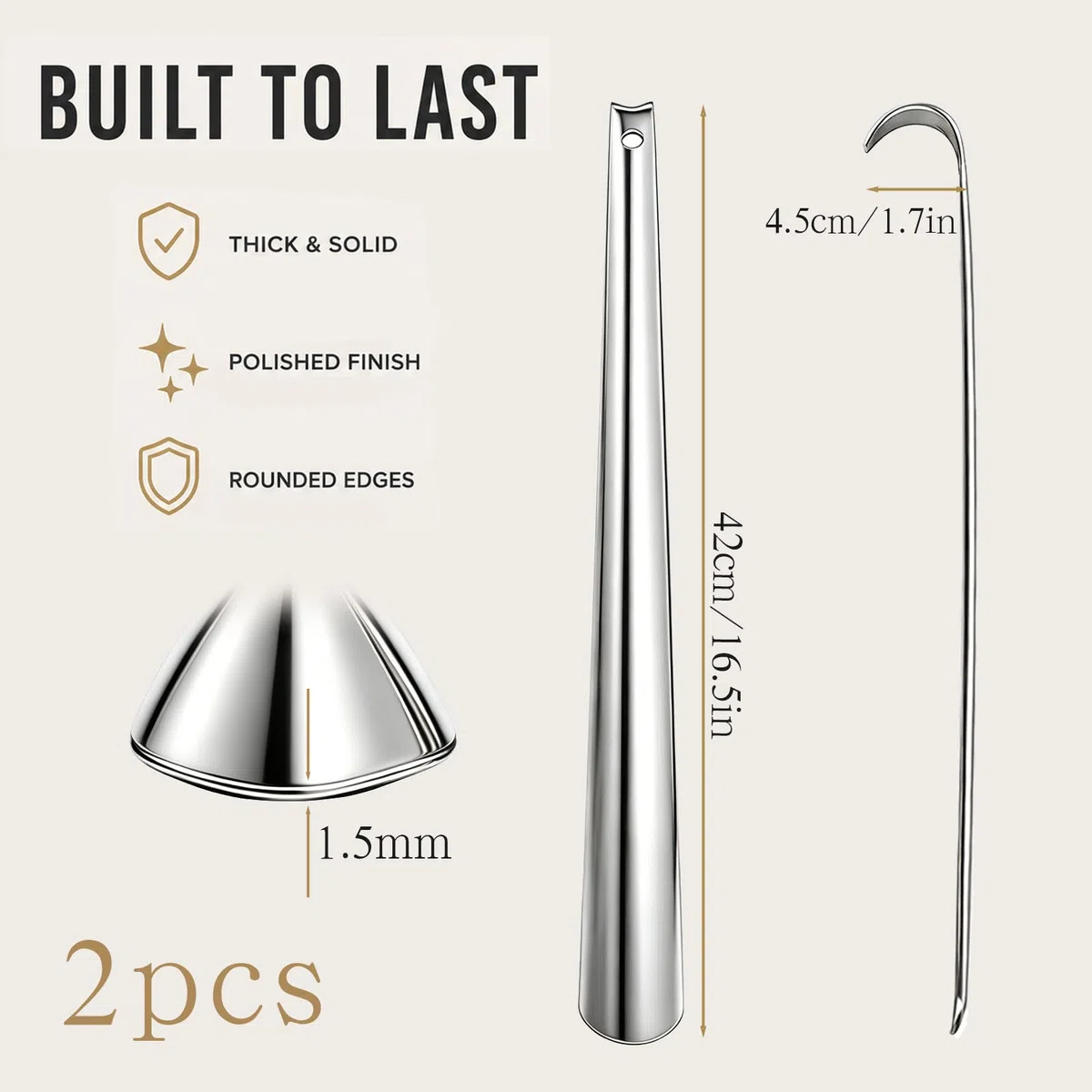 2 Stück Schuhlöffel Lang 42 cm, Schuhanzieher Lang Metall Edelstahl, Extra Langer Schuhlöffel mit Aufhängeöse, Ergonomischer Schuhanzieher für Senioren, Rückenprobleme, Männer, Frauen