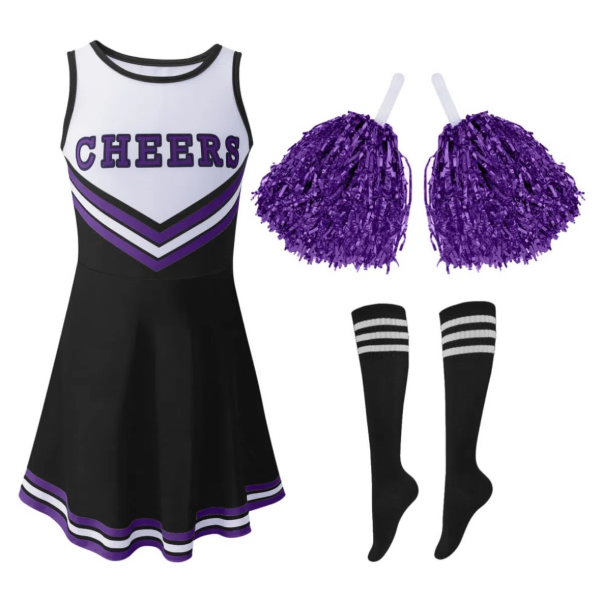 Kinder Mädchen Halloween Cheerleader Kleid Cheerleading Outfit Cheer Uniform Kleidung Sets + Pom Poms + Tube Socken 3-12Y