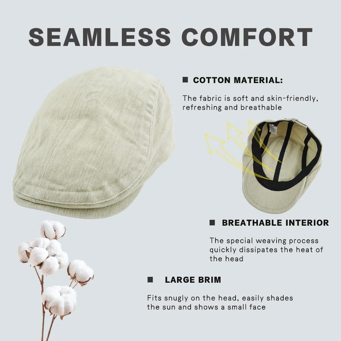 Baumwolle Herren Newsboy Schiebermütze Flatcap Tellermütze Schlägermütze Gatsby Ivy Barett Cap Sommer Atmungsaktiv Verstellbare Vintage Cabbie Cap 57-61CM