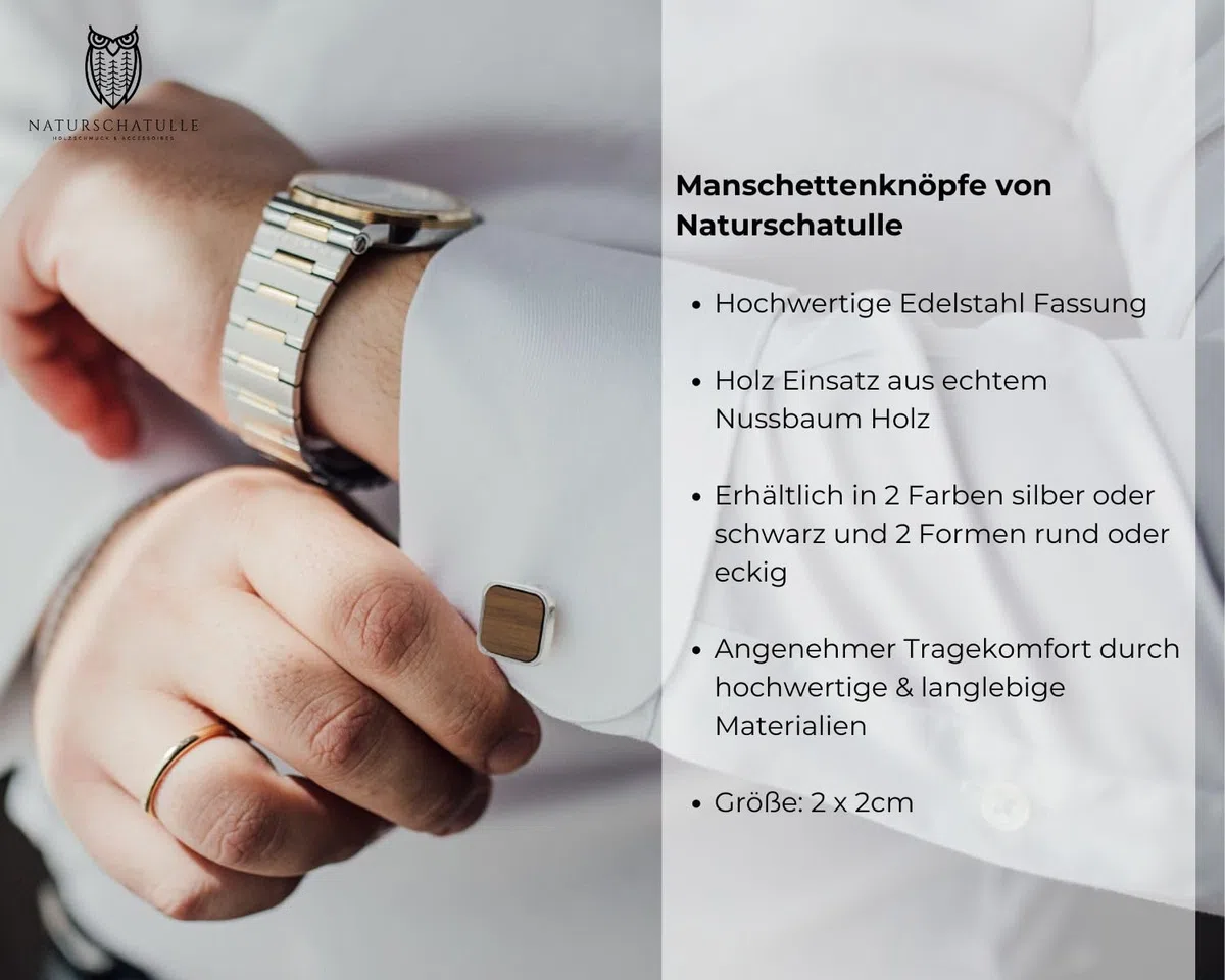 NaturSchatulle Manschettenknöpfe Herren Holz I 1 Paar Schwarze, Silber Manschettenknopf Eckig Hemd Hochzeit Anzug Männer Cufflinks for Men