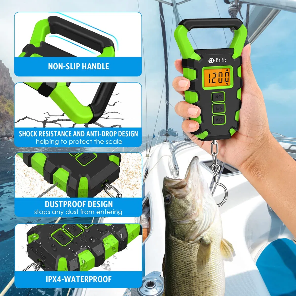Brifit Digitale Kofferwaage, 50 kg Digitale Fischwaage mit Angelhaken, Gepäckwaage, IPX4 wasserdichte Hängewaage mit Maßband, Hintergrundbeleuchtung LCD-Anzeige, 2 AAA Batterien enthalten (Grün)