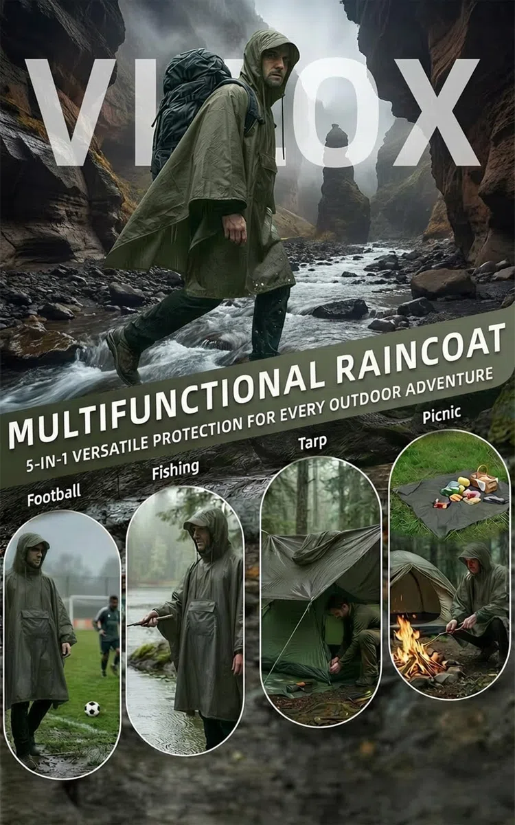 Wasserdichter Regenponcho, Leicht Atmungsaktiv Regencape, Unisex Regencape mit Kapuze, 3-in-1-Multifunktional Regenmantel Regenschutz Regen Poncho für Wandern, Camping, Angeln, Fahrrad