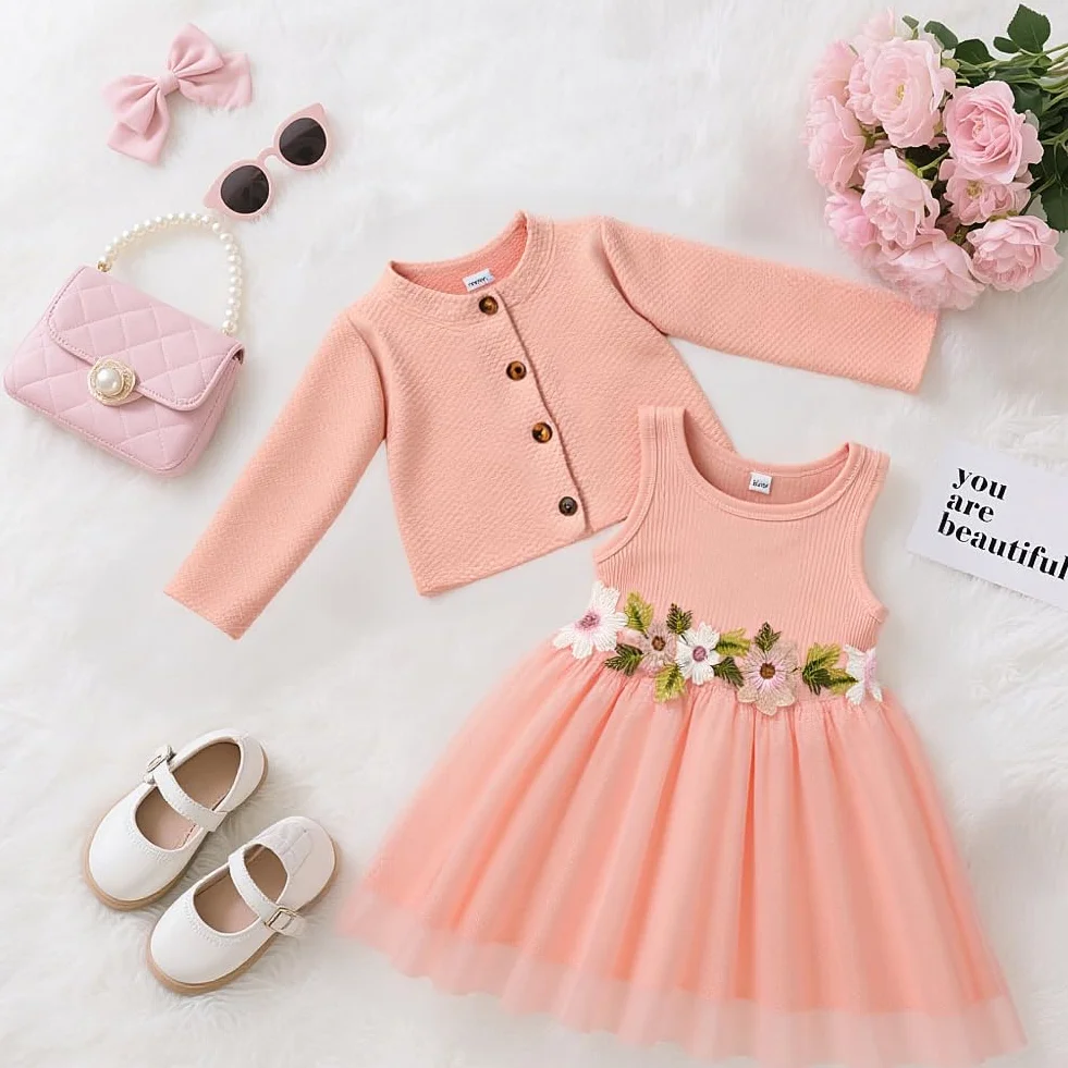 Vicloon Baby Mädchen Kleid mit Strickjacke Set, Baumwollkleid, Kleinkind Ärmellose Blumen Tüll Tutu Kleider und Langarm Waffel, 2 Stück ärmellosem Tüllkleid Outfit Set für Mädchen 6 Monate-2 Jahre