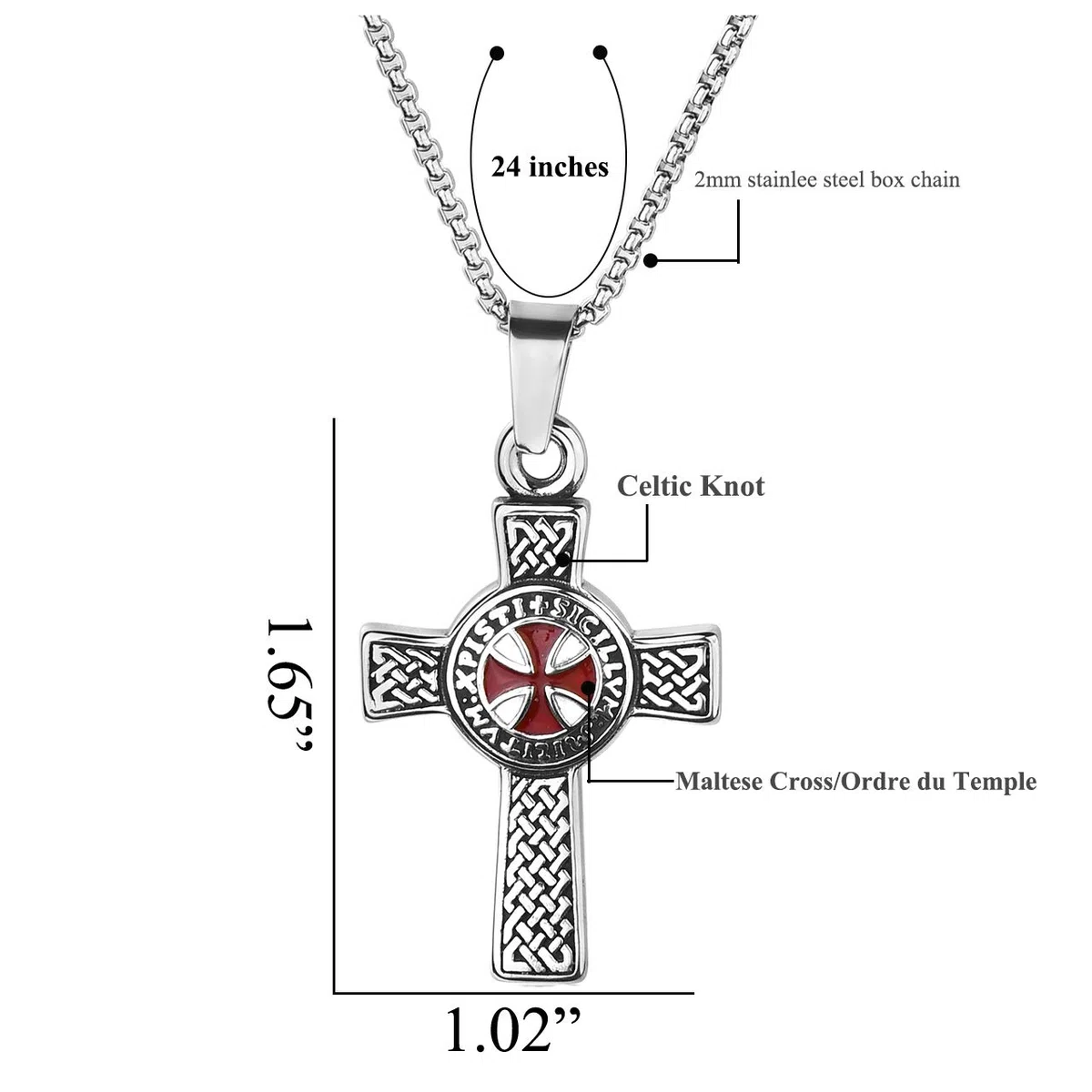 Zysta Herren Damen Edelstahl Tempelritter Schmuck - Keltisches Kreuz Anhänger Kette Keltischer Knoten Halskette Malta Kreuz Kette Amulett MIT 24" Kette Punk Biker für Geschenk