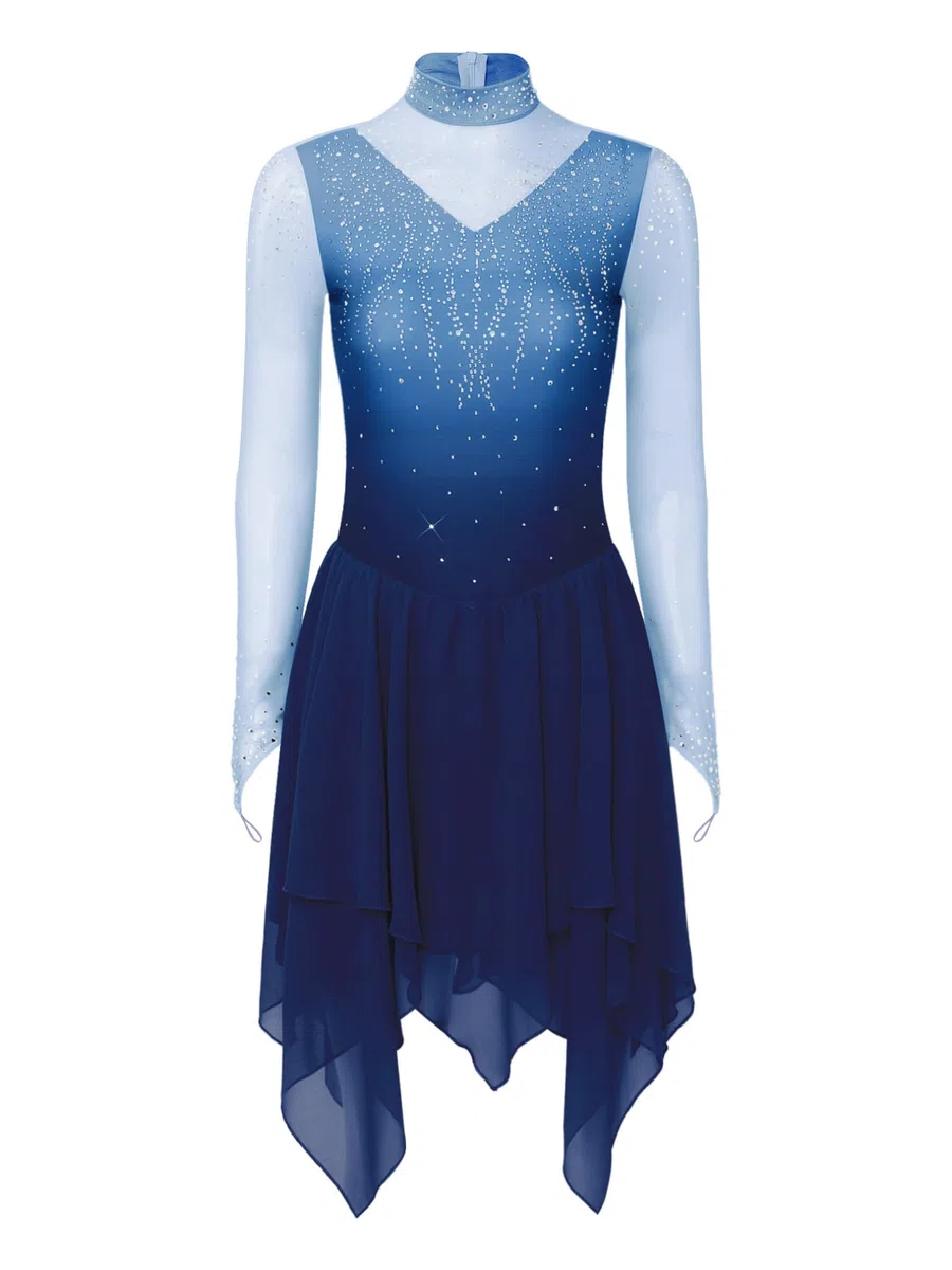 FEESHOW Damen Lyrisch Tanzkleid Langarm Farbverlauf Salsa Walzer Kleid Unregelmäßiger Saum Ballroom Tanzkostüme