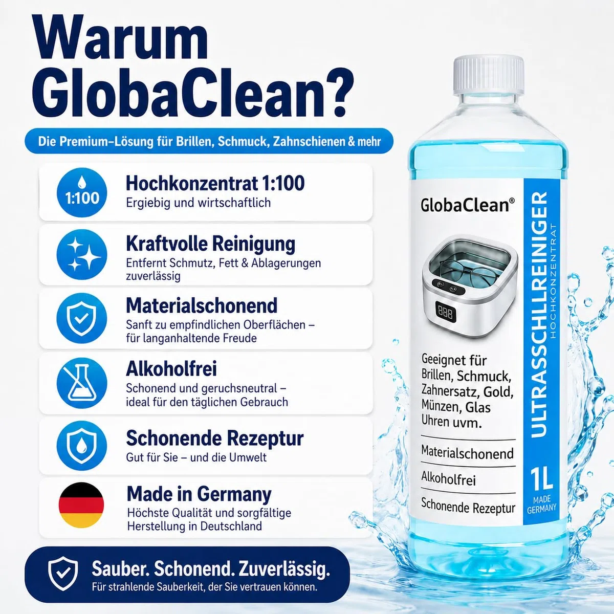 Ultraschallreiniger Konzentrat 1 L - Ultraschall Reinigungsmittel für Brillen, Schmuck, Zahnersatz, Werkstatt - Ultrasonic Cleaner