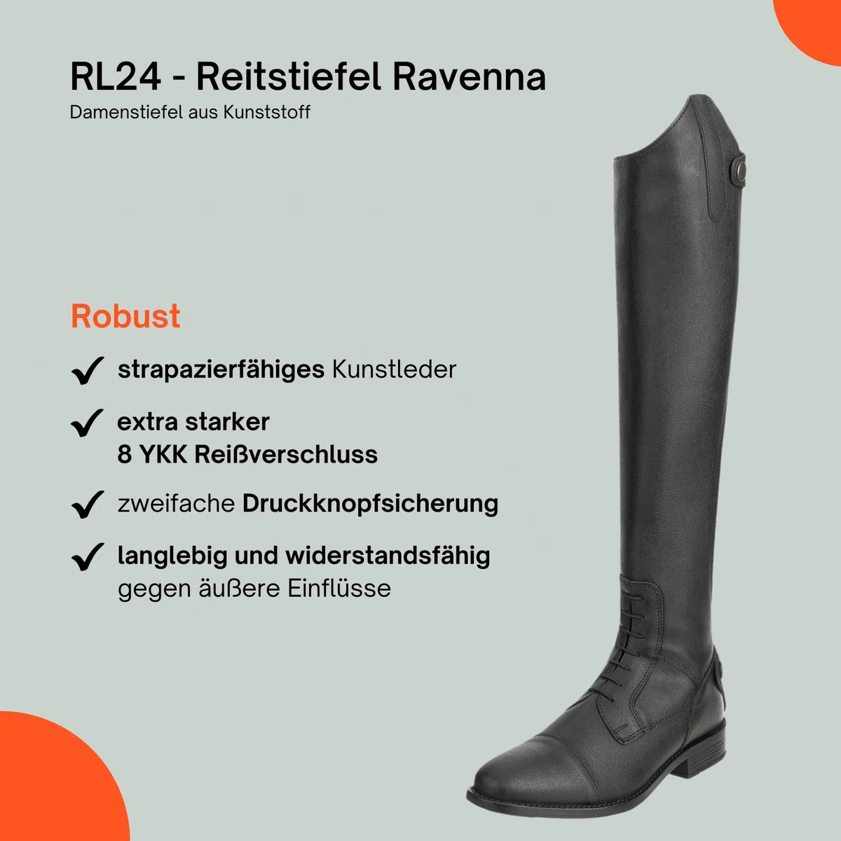 RL24 - Damen Reitstiefel Ravenna | Damen-Stiefel aus Kunstleder | Schnürstiefel mit Reißverschluss in schwarz | Reiterstiefel mit extra weichem Innenfutter | Größe 37-42